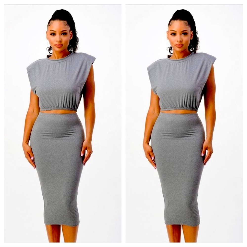NEW WOMEN’S TRENDY GREY TWO PIECE SHOULDER PAD CROP TOP SHIRT MIDI SKIRT SET